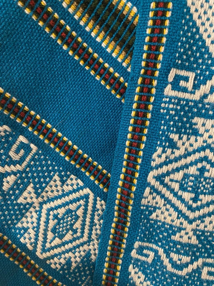 Poncho tejido algodón vintage talla única azul cuello flecos capa boho suroeste Foto 3 de 4