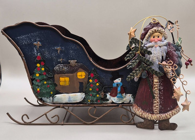 Rustic Metal Christmas Sleigh Centerpiece With Santa Ornament