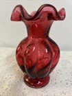 Vintage Fenton Pink Cranberry Melon Vase 5.5” Ruffled Top Swirl Art Glass MCM