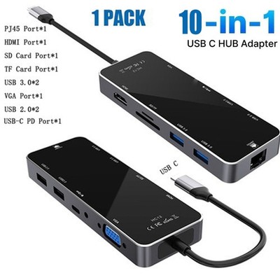 10-in-1 USB C HUB Type-C Multi USB, 4K HDMI VGA Adapter, SD/TF, RJ45 Port Black