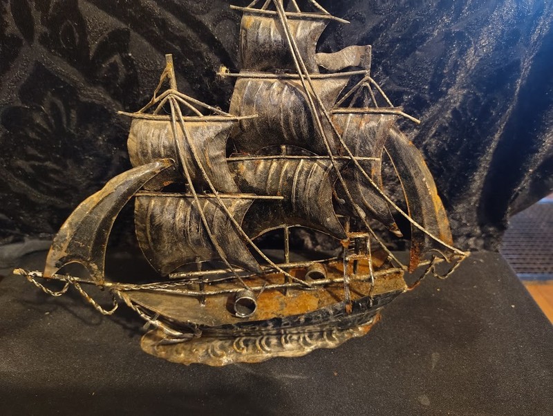 Vintage MSM handcrafted metal galleon ship sculpture 1960 10" tall