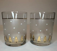 (2) Vintage Culver Double Old Fashion Frosted Gold Christmas Tree Glasses MCM