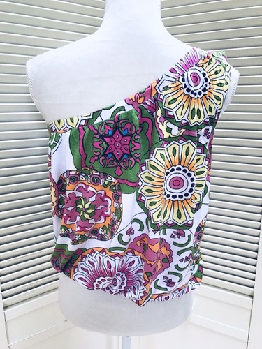 Debbie Katz South Beach Top Pink Green Sz Small Off Shoulder Mod Floral Cotton - Picture 2 of 4