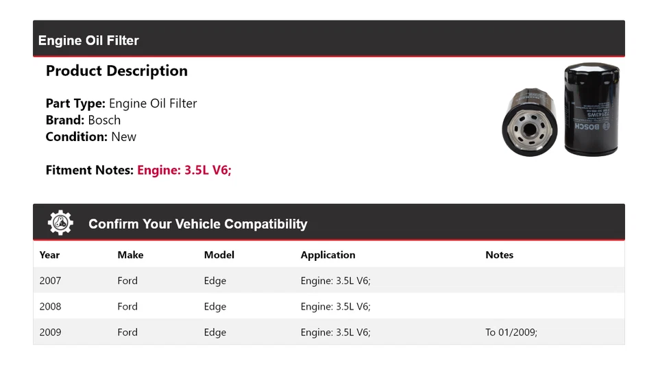 Filtro de aceite de motor Bosch 2008 V6 3,5 L Ford Edge 2007-2009 Foto 2 de 3
