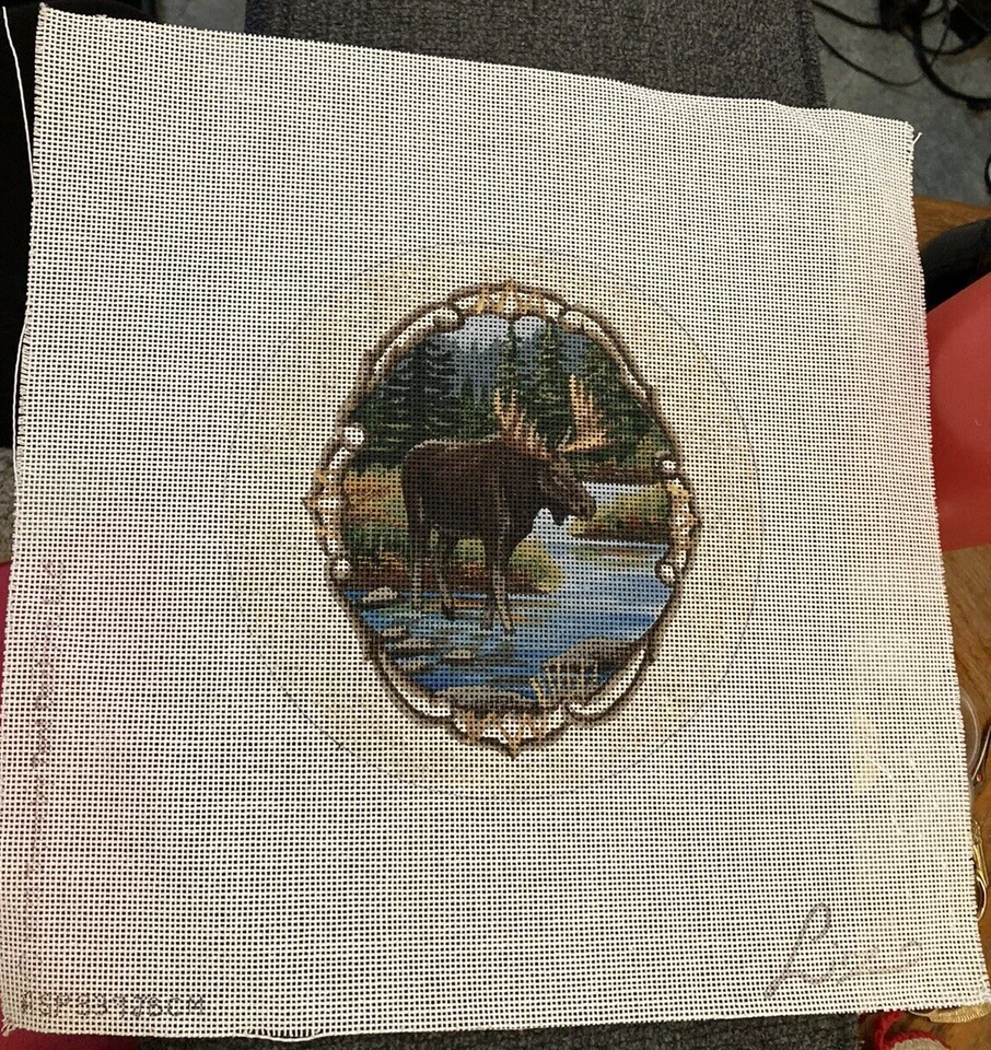 Vtg Rare Hand-painted Moose Needlepoint 6 1/2" Oval Canvas by Lizz - Image 2 of 2