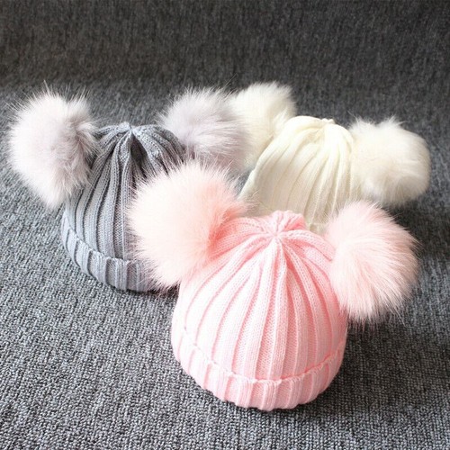 Baby Double Pom Pom Hat 2 Bobble Beanie Knitted Winter Warm Boy Girl Newborn-24M - Picture 2 of 27