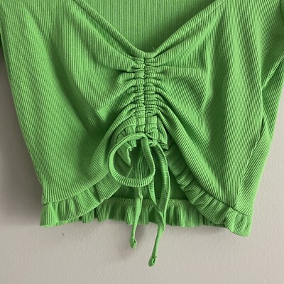 Zara Women M Green Ribbed Y2K Short Sleeve Ruffle Cinched