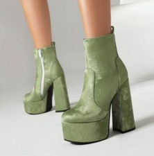 Women's Faux Leather Platform Ankle Boots Chunky Heel Shoes Round Toe Zip Retro