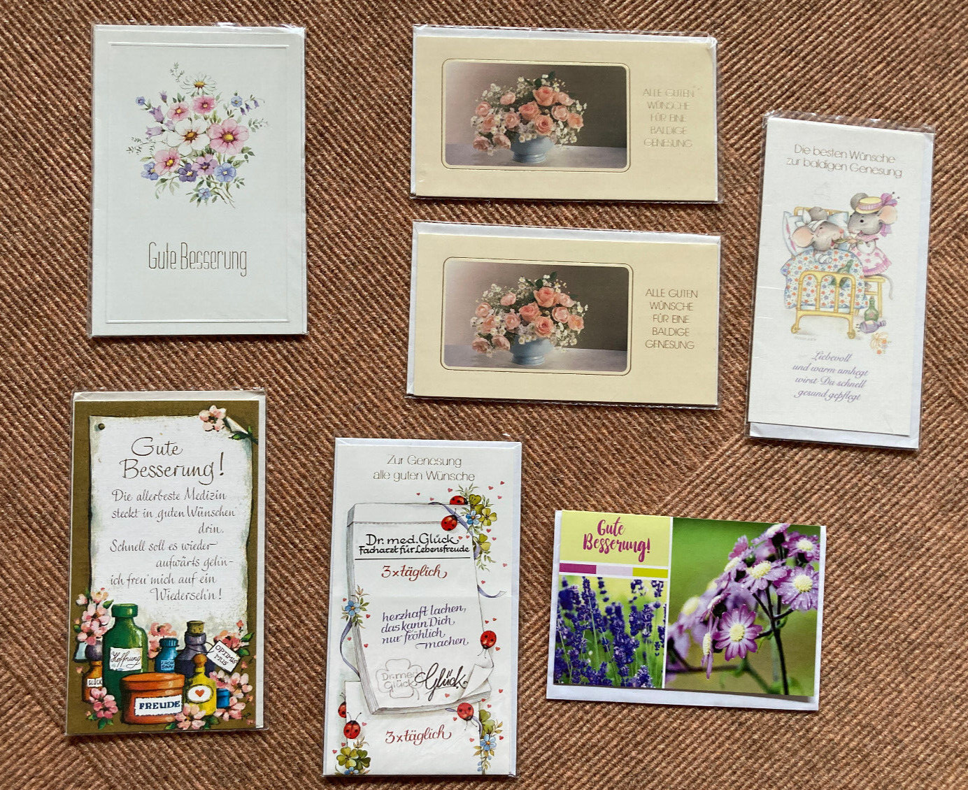 7 Glückwunschkarten " Gute Besserung/ Genesung " von Korsch, Orgs, Horn u.a.