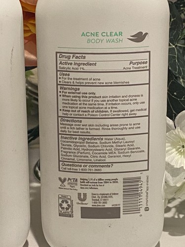 2 PACK! New - Dove Acne Clear Body Wash Prevents Acne 1% Salicylic Acid 18.5oz - 第 3/11 張圖片