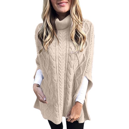 Damen Herbst Winter Rollkragen Poncho Pullover Grobstrick Cape Wickelpullover Oberteil - Bild 2 von 72