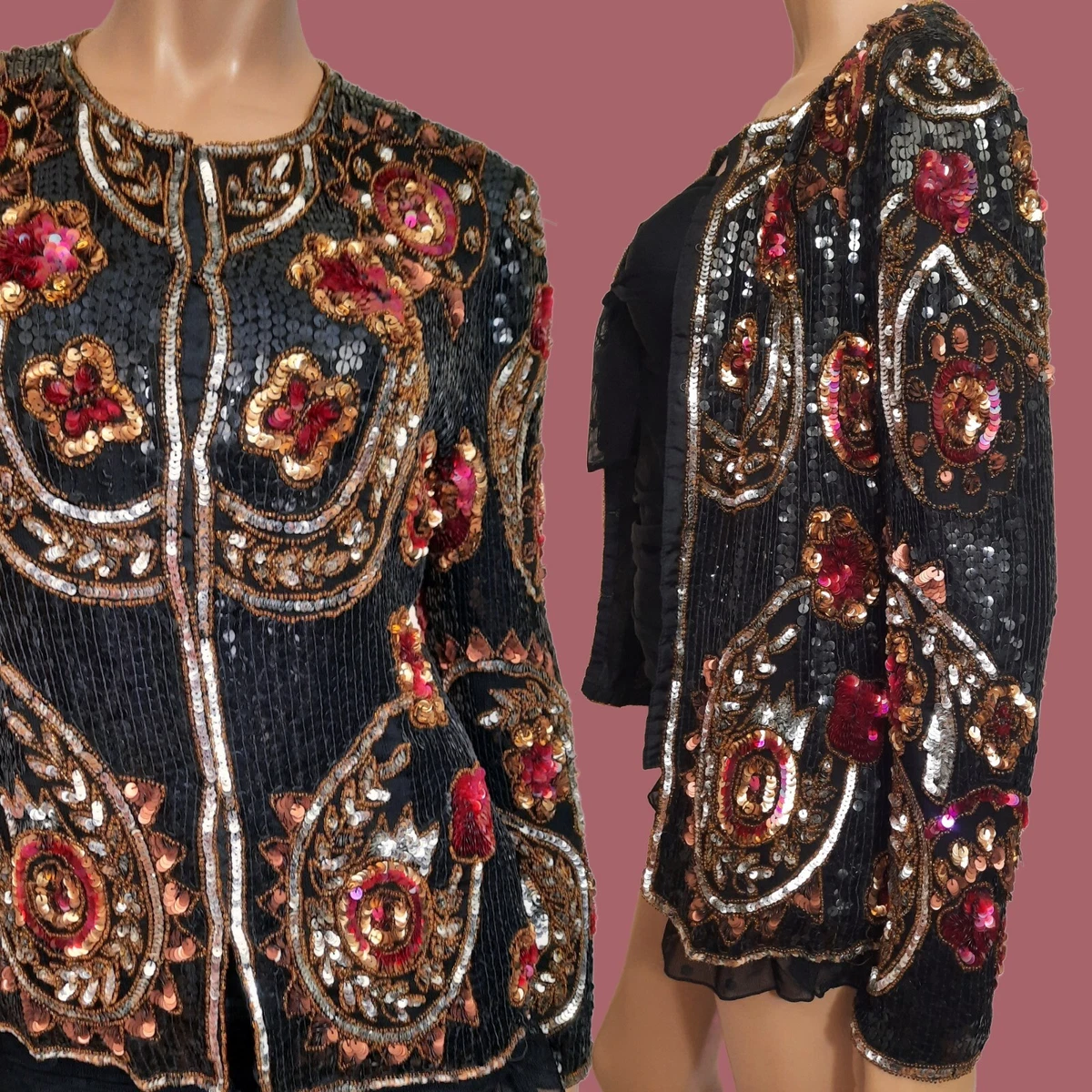 Vintage Laurence Kazar Sequined Silk Evening Jacket Black Paisley