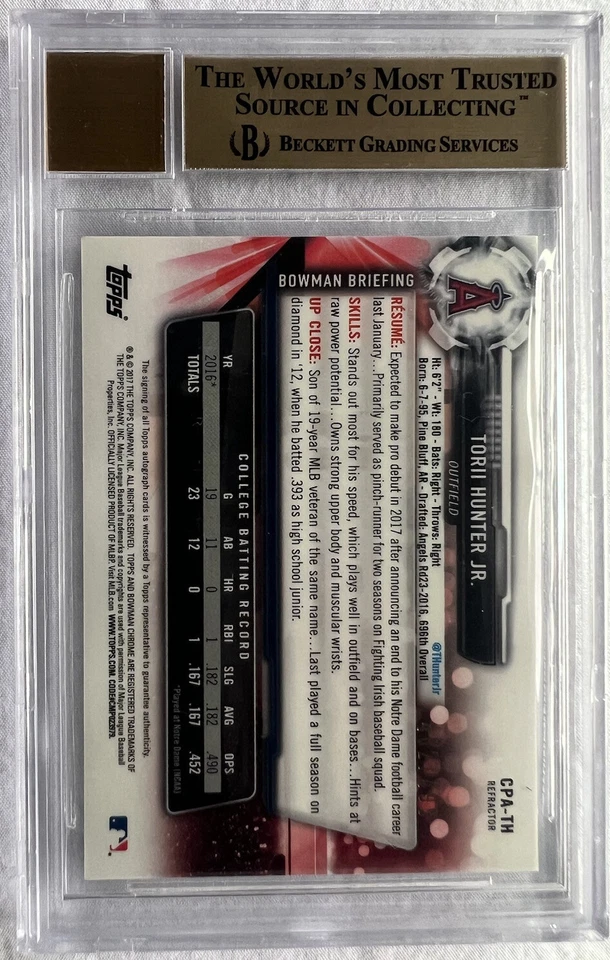 2017 BOWMAN PROSPECT REFRACTORS #CPATH TORII HUNTER JR. AUTO 10 Beckett 9.5 MT+ - Image 3 of 3