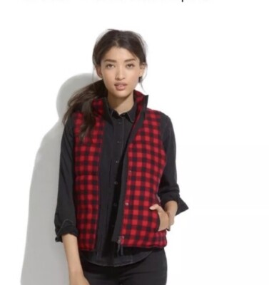 Madewell Fireside Buffalo Check Sherpa Lined Vest Red Black
