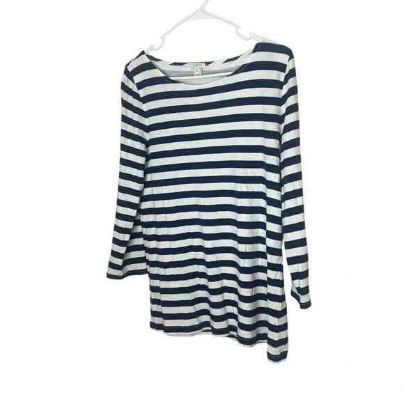 J Crew Factory Navy Blue White Striped Boat Neck Tee Shirt Medium