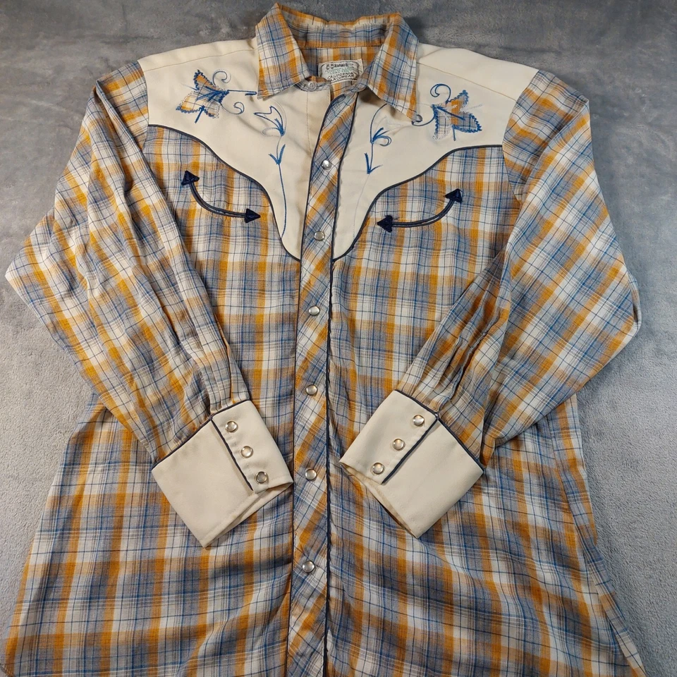 Camisa a Presión Perla H Bar C Vintage Bolsillo Sonrisa Años 70 Cuadros Azul Naranja Blanco Mediana Foto 3 de 4