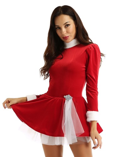 Women's Christmas Dress Santa Claus with Hats Costume Leotard Dresses Dancewear - Picture 22 of 33