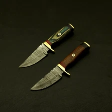 HAND FORGED DAMASCUS 6" HUNTING/SKINNING Lot Of 2 KNIFE/PAKKA/WOOD/BRASS