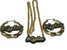 Matching Necklace and Earrings Name Plate Custom Personalized Black and Gold Set