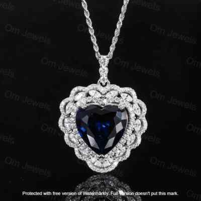 2Ct Heart Cut Blue Sapphire Heart Halo Pendant 14K White Gold Finish