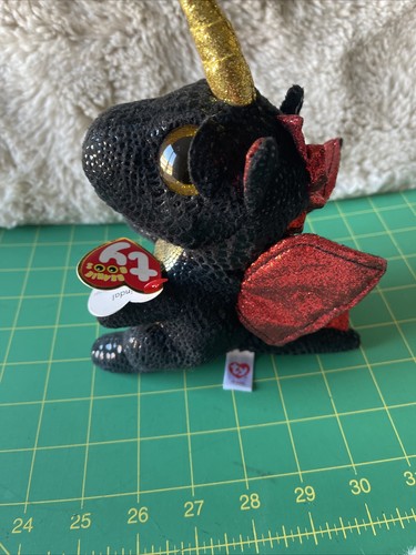 Ty Beanie Boo GRINDAL Black Dragon Gold Unicorn 6 Plush Stuffed Toy Flaw - Picture 3 of 12