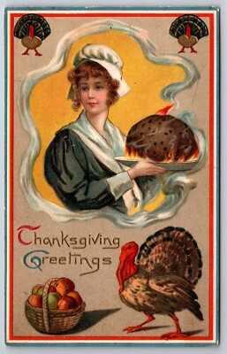 Patriotic Border~Thanksgiving~Pilgrim Lady w/Burning Plum Pudding~Turkey~Emboss