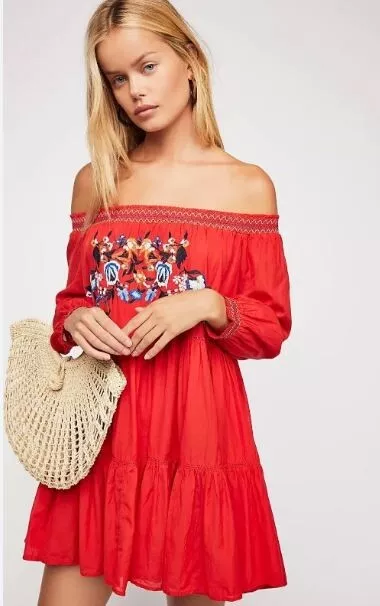Free People Womens Off shoulder Embroidered Dress Medium Red