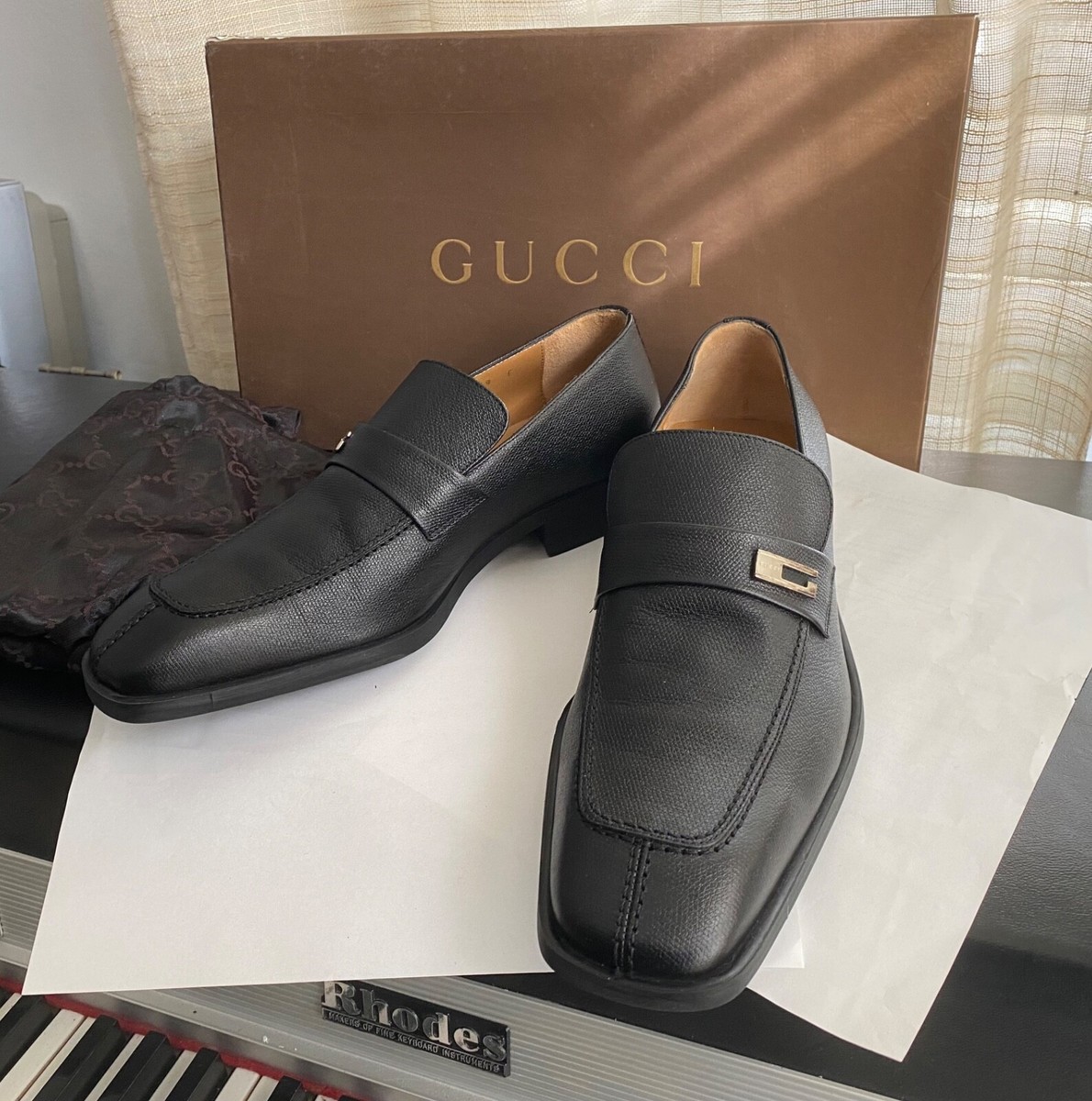 MEN GUCCI BLACK LEATHER LOAFERS MOCCASIN SLIDE DRESS SHOES 