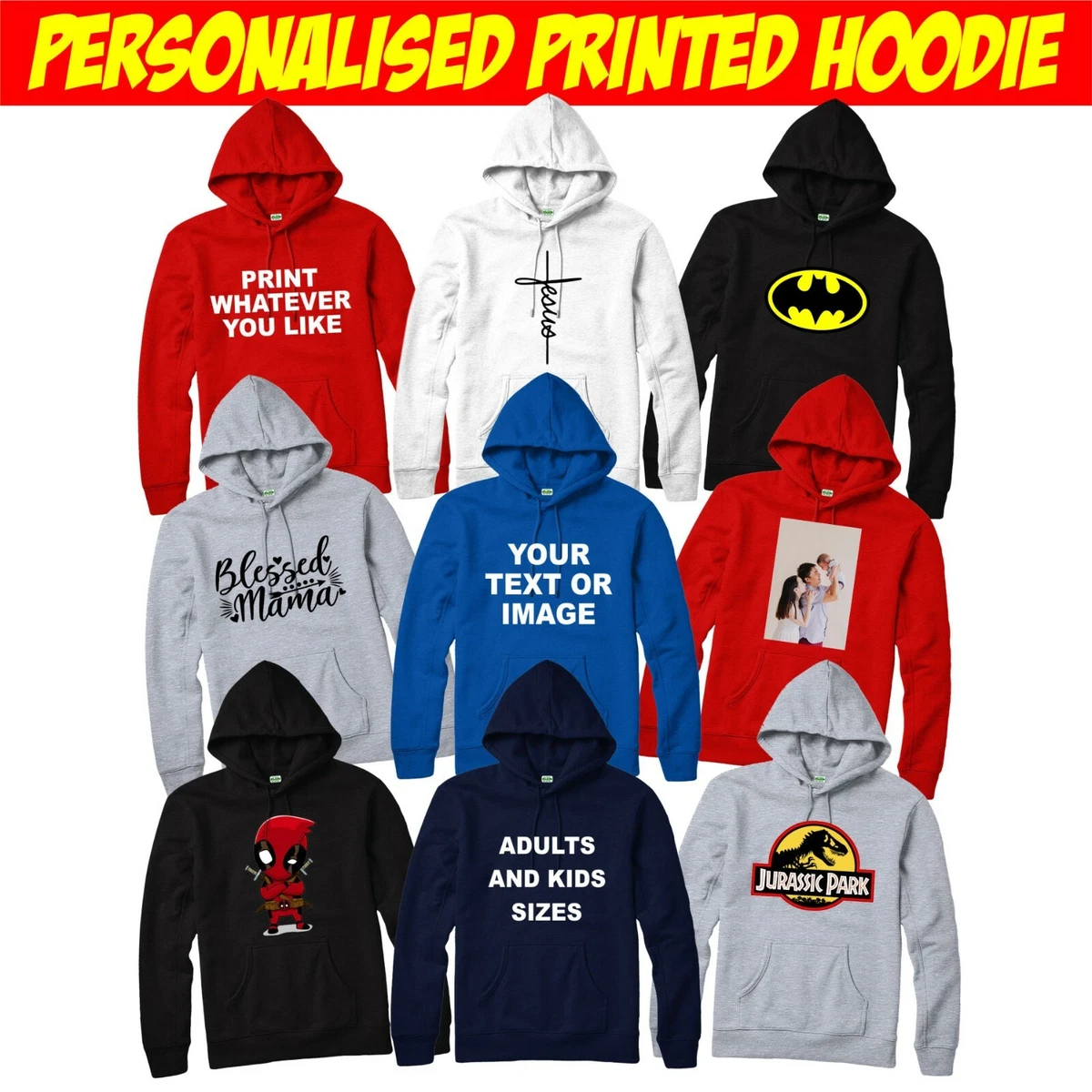 Personalised Custom Printed Hoodie, Your Design/Text Birthday Adults Kids  Top | eBay