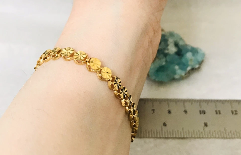 "Brazalete vintage Beverly Hills oro 14k corte diamante floral/estrella eslabón redondo 7,0""" Foto 3 de 4