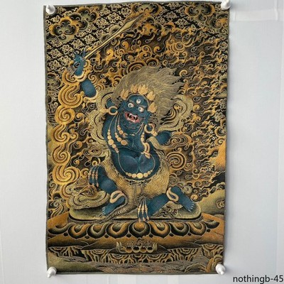 35''IN tibet Silk Cloth Embroidery Black Manjushri Bodhisattva Tangka Mural