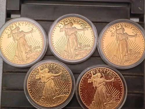 FIVE (5)  $20 Twenty Dollar Coins - 1933 Liberty COPY - Gold Plated