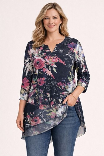 Jess & Jane Womens Tunic Top Size L Floral Sheer Hem Asymmetrical Layered Boho
