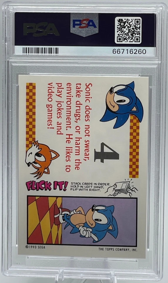 1993 Topps Sonic The Hedgehog “Flick It” #4 PSA Gem MT 10 – Ultra Rare PSA 10 - Image 2 of 2