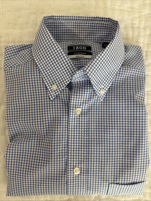 Izod Men’s Button-Down Shirt. 14-14 1/2, 32/33. Stretch. Blue Gingham Check.