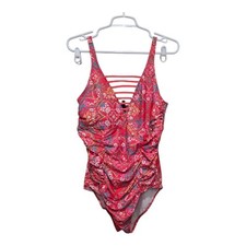Torrid 1X Pink Paisley One Piece Swimsuit Strappy Back Ruched Front