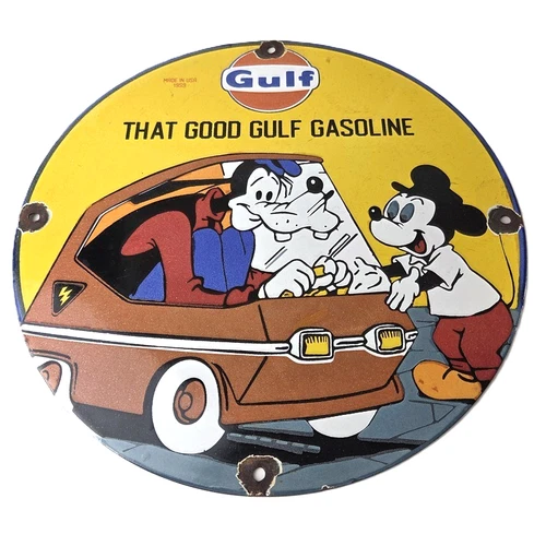 Vintage Gulf Gasoline Sign - Walt Disney Porcelain Gas Pump Station Sign