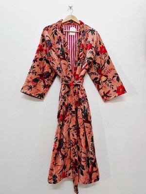 Bird Print Outwear, Women Long Jacket, Velvet Kimono Jacket Beach Wear Nice Robe