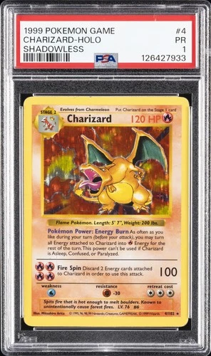 1999 POKEMON BASE SET SHADOWLESS #4 CHARIZARD-HOLO PSA 1
