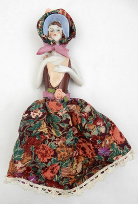 VINTAGE WOMAN WITH LARGE DRESS PORCELAIN PINCUSHION HALF DOLL, MADE IN GERMANY