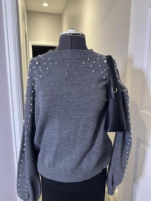Blooming Jelly Sweater S Gray Pearl Embellished Pullover Balloon Sleeve Knit Top