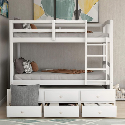 Stylish Twin Bunk Bed with Trundle, Ladder & Storage Drawers - White
