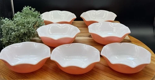 Vintage Hazel-Atlas "Ripple Pink" or "Pink Crinoline" milk glass bowls Set Of 7