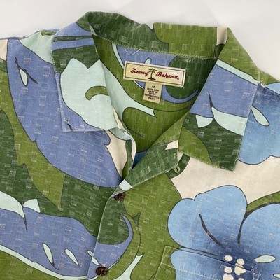 Tommy Bahama Mens Medium Silk Hawaiian Shirt Blue Green Floral Short Sleeve