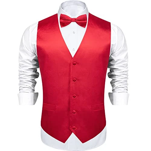  Mens Satin Vest and Bowtie Lapel Pin Set for Suit or Small Satin Fire Red - Image 2 of 4