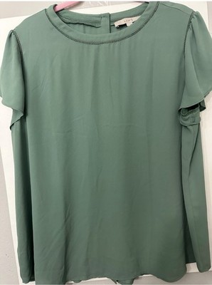 LOFT Women's Green Chiffon Button Back Flutter Sleeve Top Regular Fit Size XXL