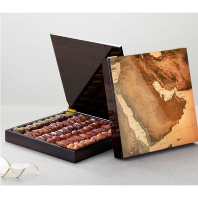 Bateel Lacquered Wood Gift Box Empty, Map of Arabian Peninsula, Abu Dhabi.
