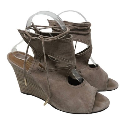 Aquazzura Belgravia Wedge Sandal Women 40 US 10 Taupe Suede Lace Up Cutout Italy