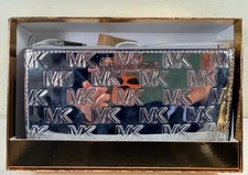 Michael Kors Jet Set Metallic Silver MK Signature Double Zip Wristlet IN GFITBOX