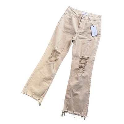 Risen Distressed Straight Leg Jeans Women 3/26 Tan Raw Hem NWT